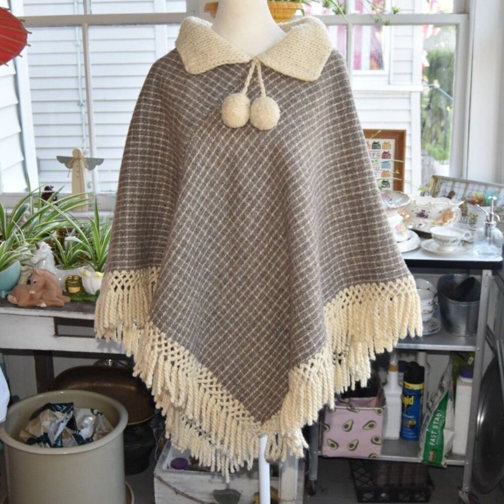 Vintage 1970s Gray Cream Striped Poncho Fringe Pom Pom Collar One Size Boho